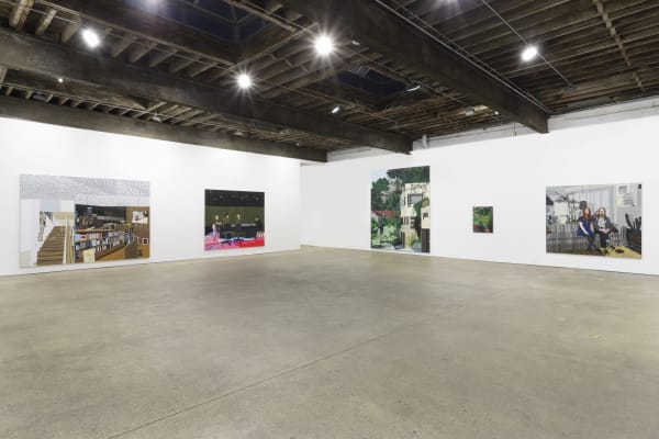 Installation view of Jonas Wood's fourth solo show at Anton Kern Gallery, featuring a collection of paintings. Four works featured.