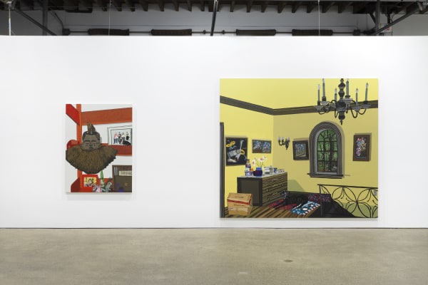Installation view of Jonas Wood's fourth solo show at Anton Kern Gallery, featuring a collection of paintings.