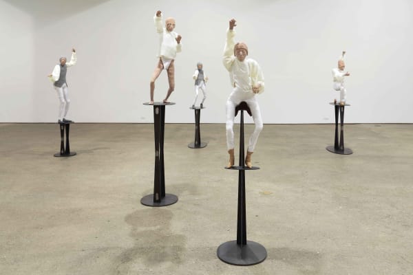 Installation view of Francis Upritchard's debut New York gallery show, featuring figurative and ritualistic sculptures as well as a collection of pots.