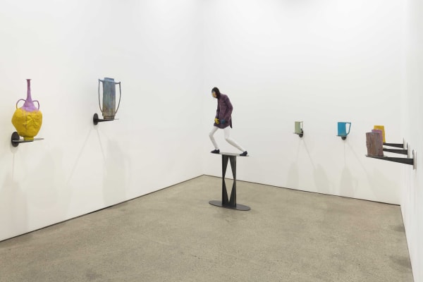 Installation view of Francis Upritchard's debut New York gallery show, featuring figurative and ritualistic sculptures as well as a collection of pots. An additional photo of the back room.