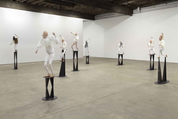 Installation view of Francis Upritchard's debut New York gallery show, featuring figurative and ritualistic sculptures as well as a collection of pots. Francis' figures.