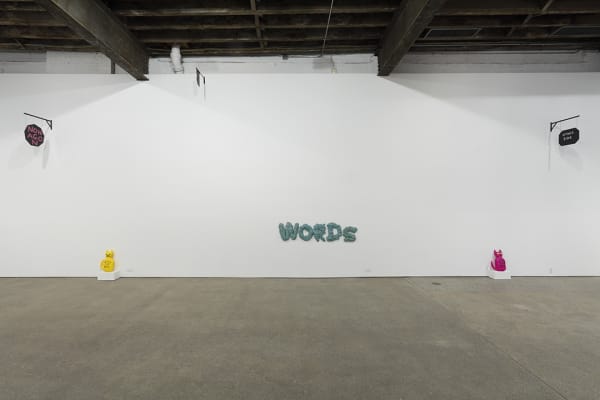 Installation view of David Shrigley's fifth solo show at Anton Kern Gallery, featuring signs. A few of David's signs.