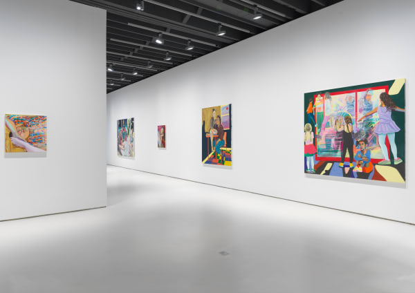 Installation view of Aliza Nisenbaum's solo exhibition of the gallery featuring large paintings. Four works presented here.