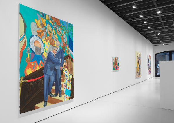 Installation view of Aliza Nisenbaum's solo exhibition of the gallery featuring large paintings. Painting titled "Alberto, David, y Aliza con mural de Roberto Cueva del Rio" alongside a smaller work.
