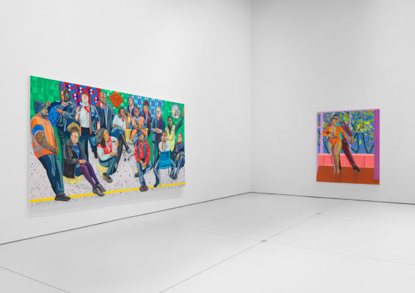 Installation view of Aliza Nisenbaum's solo exhibition of the gallery featuring large paintings. Large horizontal, muralist work featured here.