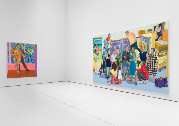 Installation view of Aliza Nisenbaum's solo exhibition of the gallery featuring large paintings. Large horizontal painting featured.