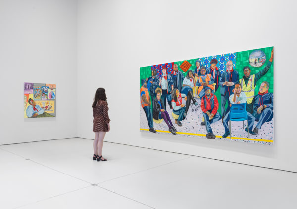 Installation view of Aliza Nisenbaum's solo exhibition of the gallery featuring large paintings. Onlooker views "London Underground: Brixton Station and Victoria Line Staff," an immaculate painting of a collective group of people.