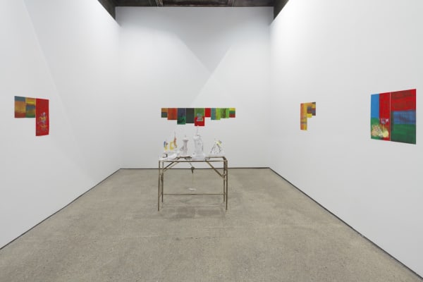 Installation view of Alessandro Pessoli's fifth solo show at Anton Kern Gallery. View of the back room, featuring multiple works.