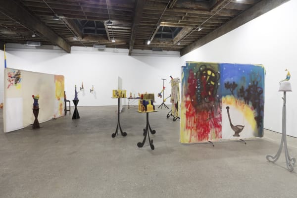 Installation view of Alessandro Pessoli's fifth solo show at Anton Kern Gallery. Ceramic and painted works featured.