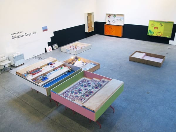 Installation view of Manfred Pernice's show titled Prezzi. Overhead view of some works.