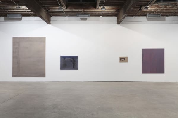 Installation view of Danish artist Sergej Jensen's third solo show at Anton Kern Gallery, featuring a new body of paintings. Four works of varying sizes featured.