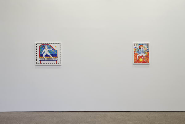 Installation view of Dorothy Iannone's solo show at Anton Kern Gallery, featuring a body of vibrant paintings. Two more works.