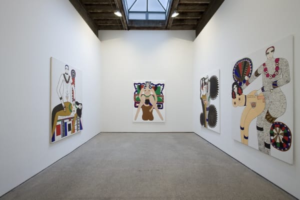 Installation view of Dorothy Iannone's solo show at Anton Kern Gallery, featuring a body of vibrant paintings. View of the back gallery. Four works featured.