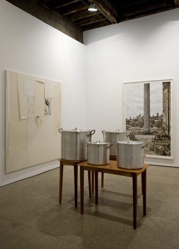 Installation view of Marepe's show entitled "Discompleto" consisting of sculpted works. Another view of Marepe's readymade sculptures in the backroom surrounded by works of other artists.