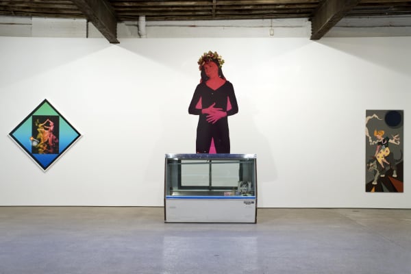 Installation view of Lothar Hempel's solo show, comprised of four figurative sculptures, three diamond photomontages, and one painting.