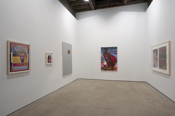 Installation view of Jonas Wood's second solo show, featuring paintings of interiors, family members, still lifes, and a few NBA players. View of the back gallery.