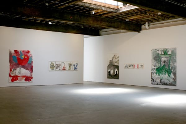 Installation view of Bendix Harms' solo show entitled Lenenslieben or Loves of Life. Distanced view of many works.