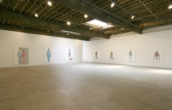 Installation view of Dan McCarthy's fourth solo show at Anton Kern Gallery, featuring about a dozen canvases of alienated men and women.