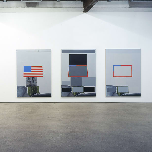 Installation view of Eberhard Havekost's fifth solo show at Anton Kern gallery, featuring 16 paintings entitled "Zensur." Triptych featured here.