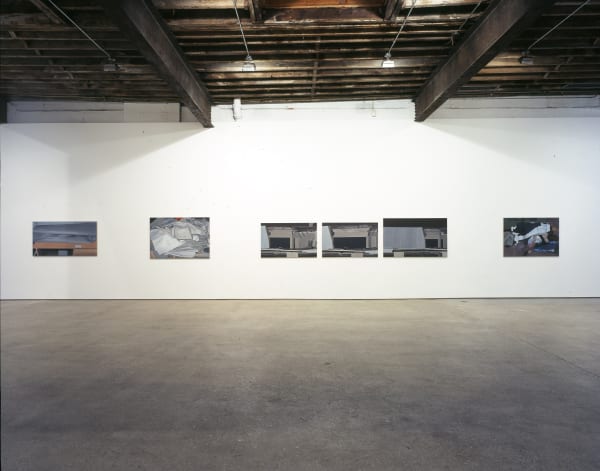 Installation view of Eberhard Havekost's fifth solo show at Anton Kern gallery, featuring 16 paintings entitled "Zensur." Some works shown.