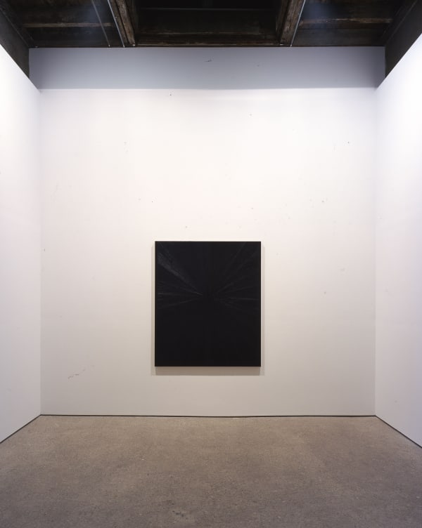 Installation view of Mark Grotjahn's second show at Anton Kern, featuring ten blue paintings descending (or ascending) in tones, shades, dynamics of blues. View of the back gallery, one work featured.