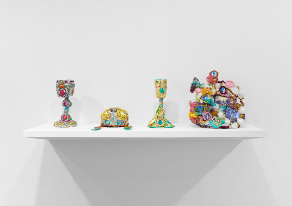 Group exhibition WirrWarr installation shots featuring works by gallery artists and others. David Altmejd, John Bock, and others are shown. Here, Thomas Lanigan-Schmidt's sculptures are pictured.