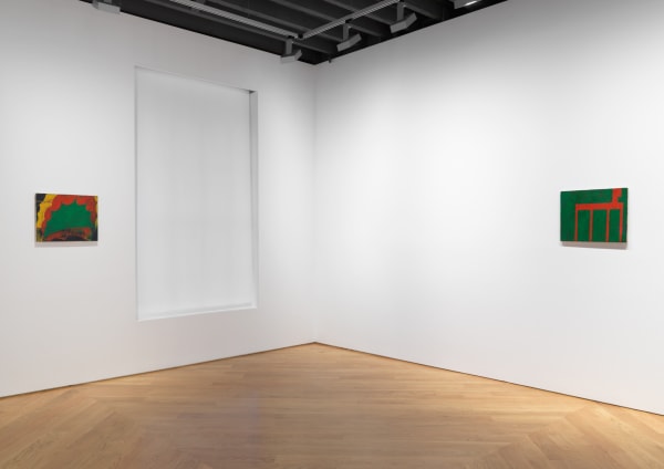 Installation views of small Chris Martin paintings on the third floor of the gallery.