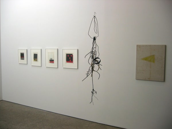 Installation view of multi-artist show titled Delete / How to Make a Perfect Ghost, featuring works by Grotjahn, Sibony, Jensen, Guyton, and Strunz. A few works featured, notably Strunz's fish hangs.