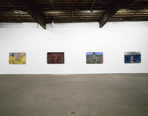 Installation view of Alessandro Pessoli's show titled Fuga Verde, consisting of a few figurative paintings and six self-portraits.