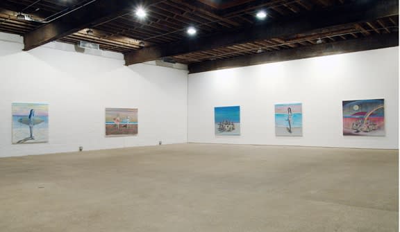 Installation view of Dan McCarthy's solo show at Anton Kern, featuring a group of beachside paintings and some portraits. A few works featured.