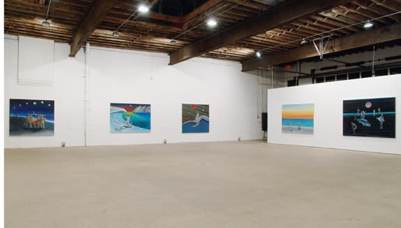 Installation view of Dan McCarthy's solo show at Anton Kern, featuring a group of beachside paintings and some portraits. Some beachside sunsets featured.