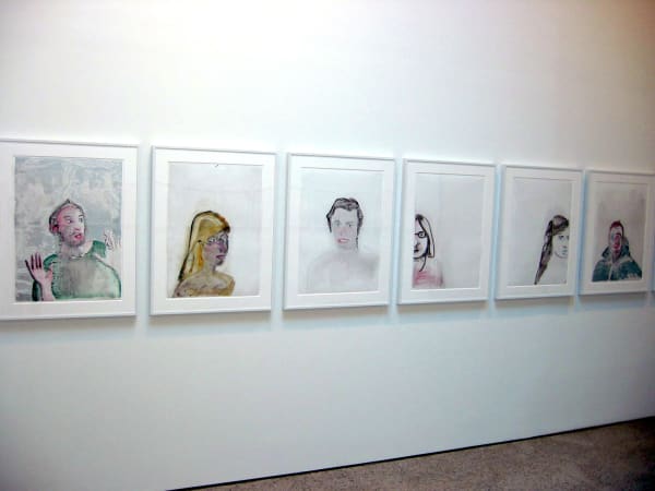 Installation view of Dan McCarthy's solo show at Anton Kern, featuring a group of beachside paintings and some portraits. A few of Dan's portraits.