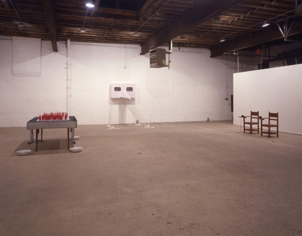 Installation view of Sinho, Marepe's first show at Anton Kern Gallery, featuring readymade sculptures and objects. A few works featured.