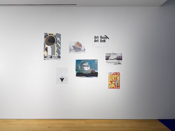 Installation view on the gallery's third floor of Erik van Lieshout's exhibition.. Collage is featured. Ships, etc.