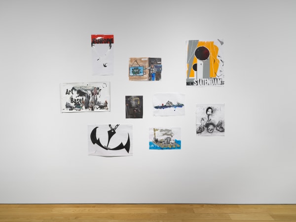 Installation view on the gallery's third floor of Erik van Lieshout's exhibition. Collage is featured. Art Basel and other imagery, etc.