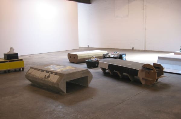 Installation view of Manfred Pernice's third solo show in New York titled Commerzbank. Some objects shown.