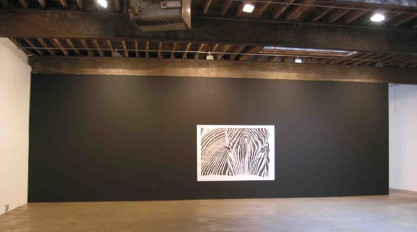 Installation view of Marcel Odenbach's show titled Paper on Paper consisting of large collage works. One of Odenbach's zebras featured.