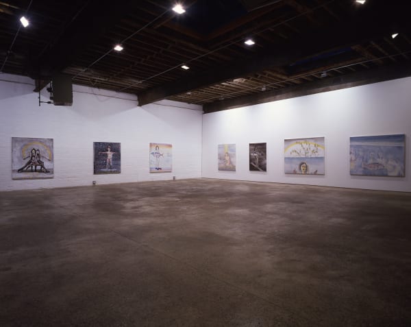 Installation view of Dan McCarthy's solo show, featuring small drawings and large paintings.