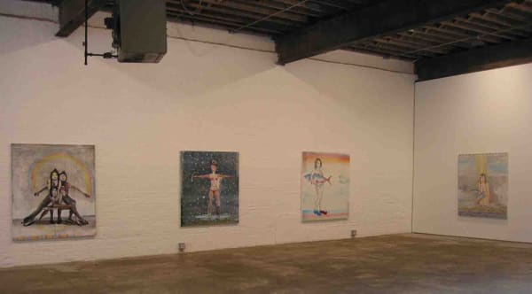 Installation view of Dan McCarthy's solo show, featuring small drawings and large paintings. A few large paintings featured.