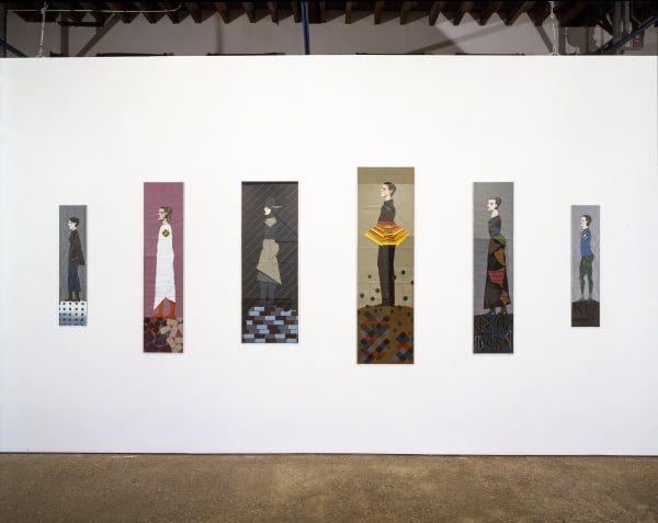 Installation view of Lothar Hempel's fourth solo show at Anton Kern Gallery, a theatrical installation of mixed media works, a video installation, and brain sculptures. Lothar's slender, vertical works featured.