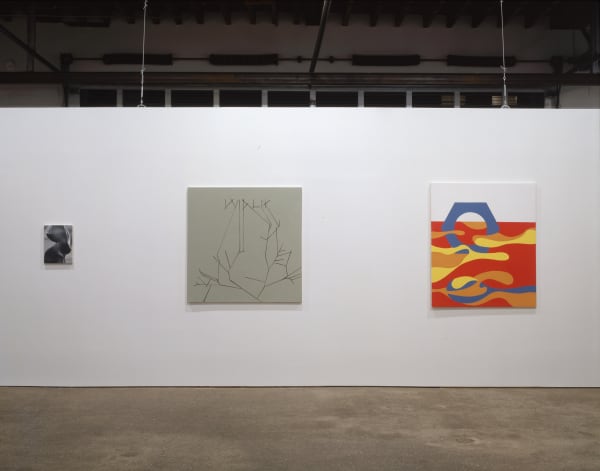 Installation view of Wilhelm Sasnal's first solo show at Anton Kern Gallery, featuring a body of paintings. Some of the larger works featured.
