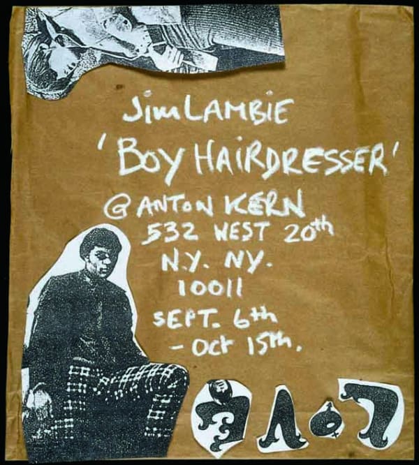 Installation view of Jim Lambie's show titled Boy Hairdresser, featuring a few sculptures, remixed vinyls, and other objects. Poster invitation for the show.