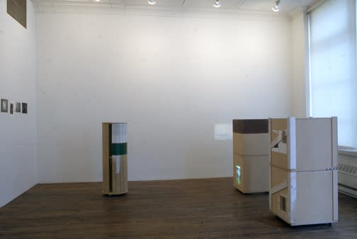 Installation view of Manfred Pernice's solo show at Anton Kern Gallery, consisting of two installation pieces.