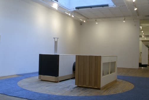 Installation view of Manfred Pernice's solo show at Anton Kern Gallery, consisting of two installation pieces. One installation featured here.