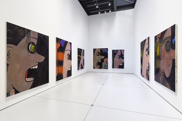 Installation view's of Ellen Berkenblit's 'Sister Garden', a solo exhibition of paintings that form a dizzying daisy-chain of faces. Six works from the main room presented here.