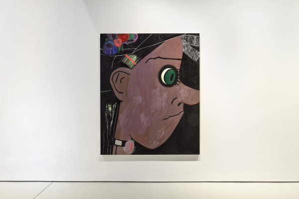 Installation view's of Ellen Berkenblit's 'Sister Garden', a solo exhibition of paintings that form a dizzying daisy-chain of faces. One face can be seen here.