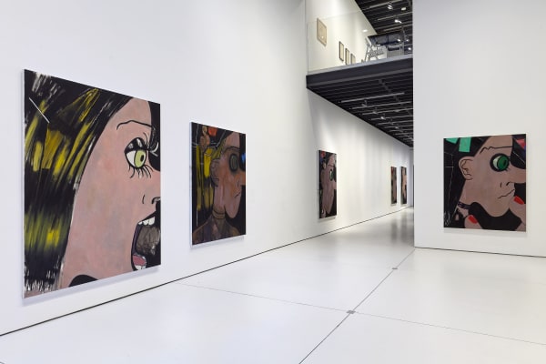 Installation view's of Ellen Berkenblit's 'Sister Garden', a solo exhibition of paintings that form a dizzying daisy-chain of faces. Multiple works shown here.