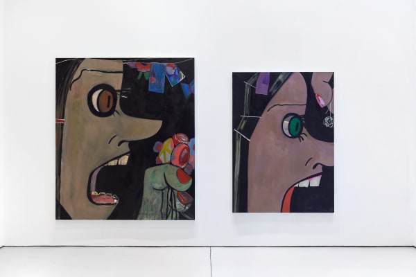 Installation view's of Ellen Berkenblit's 'Sister Garden', a solo exhibition of paintings that form a dizzying daisy-chain of faces. Two additional faces shown.