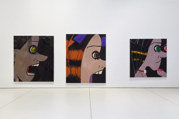 Installation view's of Ellen Berkenblit's 'Sister Garden', a solo exhibition of paintings that form a dizzying daisy-chain of faces. Image centered on the Missing Peacock Feather. Two paintings frame the larger piece.