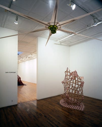 Installation view of Lara Schnitger's show, featuring sculptures and c-type photographs. Two works featured.